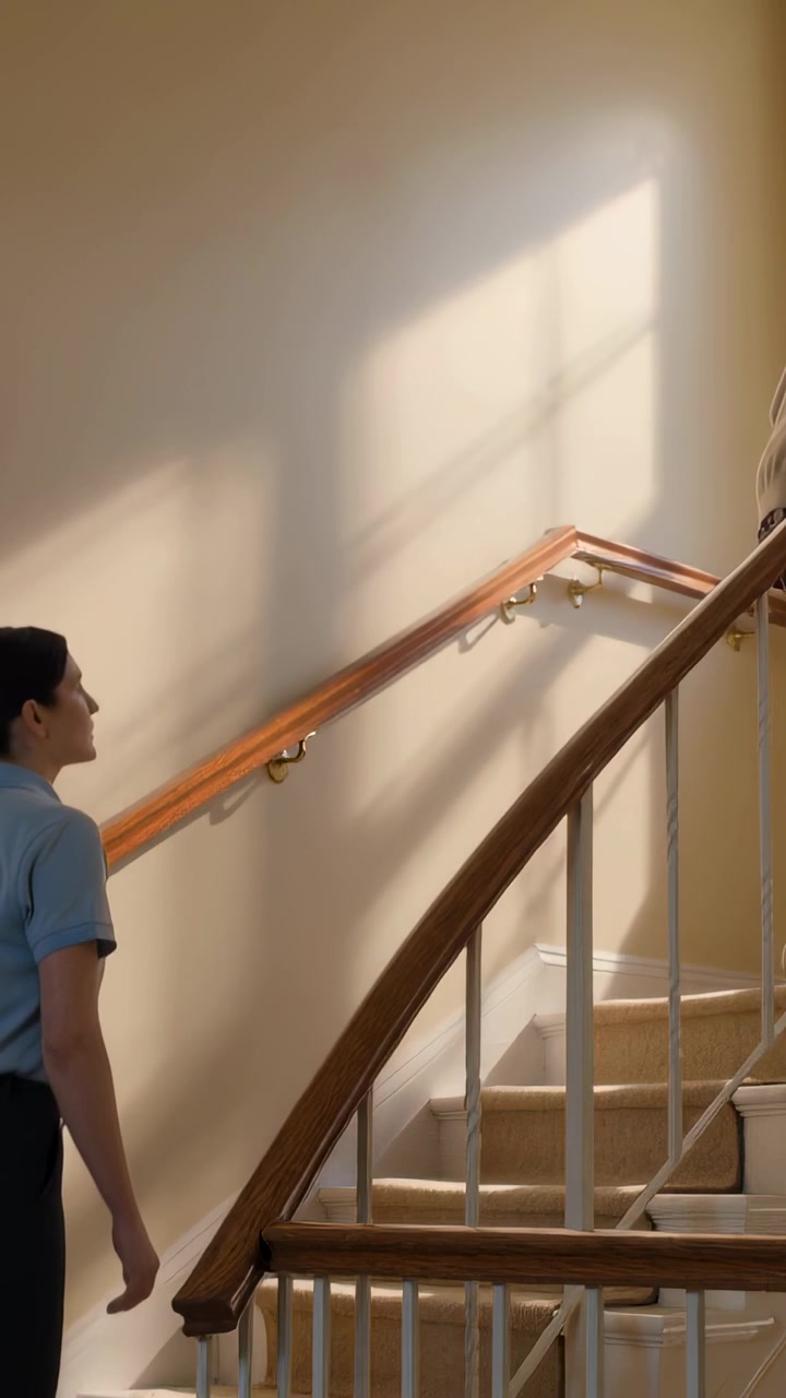 Vertical video: Ascending senior beige top climbing home stairs urging adult to follow, copy space