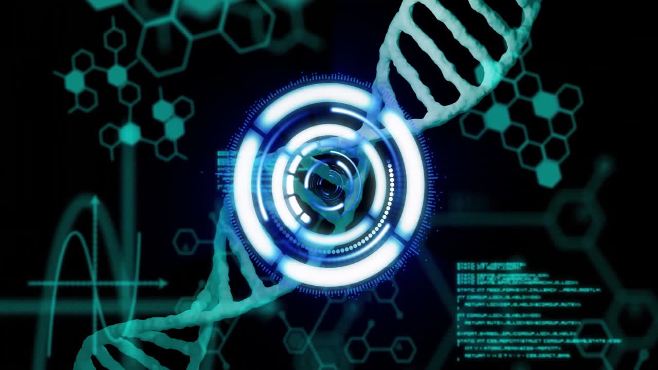Digital interface processing data with animated DNA strand in futuristic setting