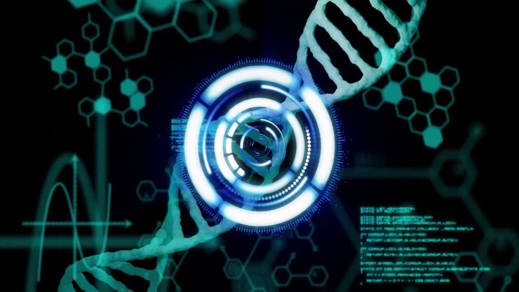 Digital interface processing data with animated DNA strand in futuristic setting