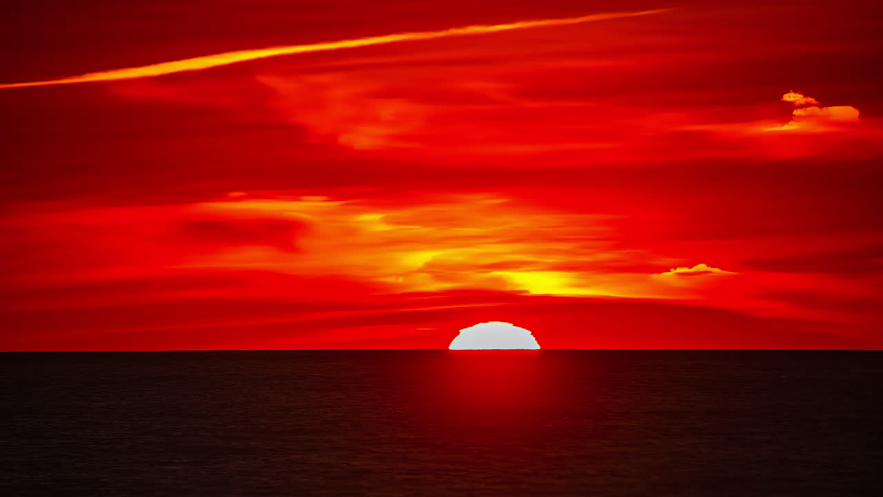 생생한 은 일몰의 둥근 태양 어리 하늘은 지평선 아래로 바다 위에 침몰, 타임 스