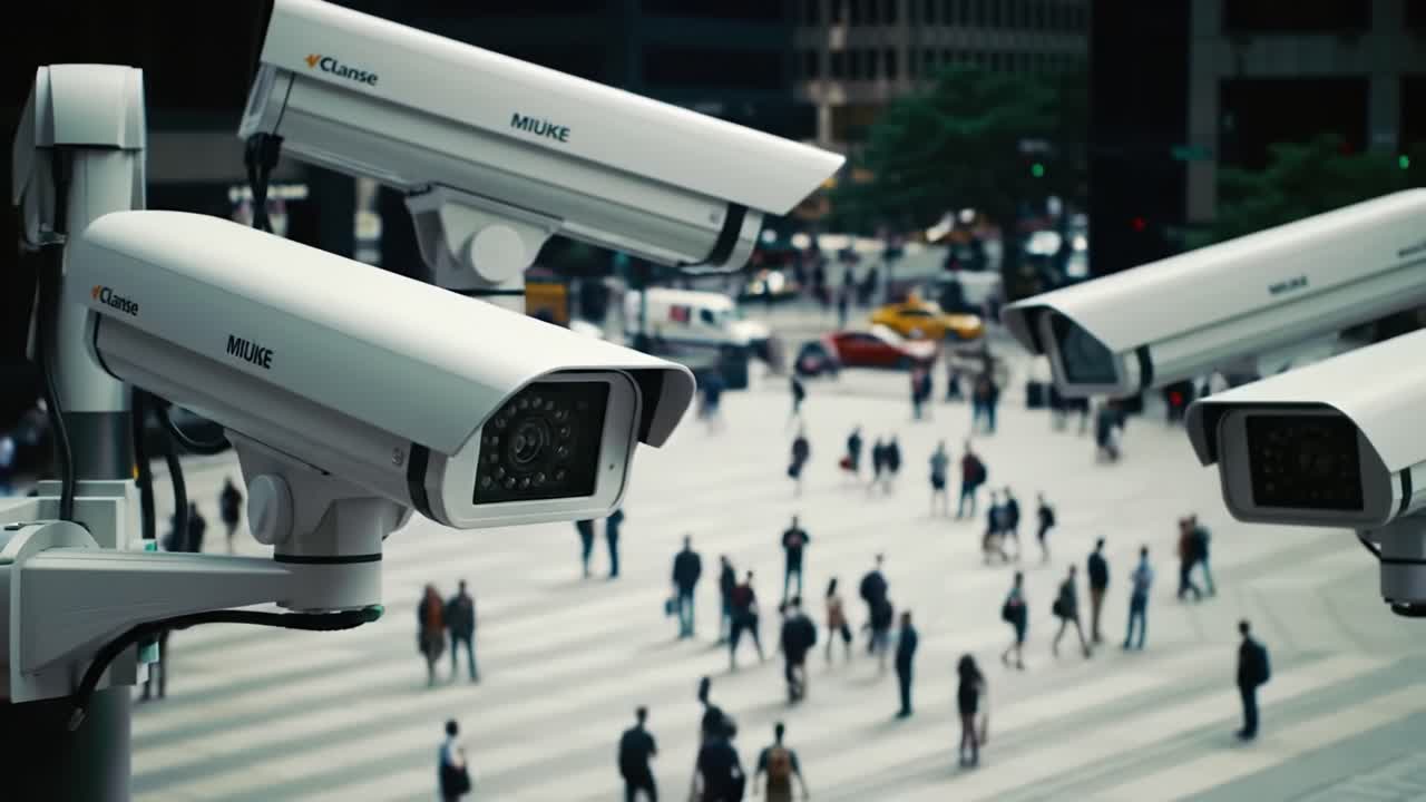 Surveillance Cameras Overlooking a Busy Urban Intersection as Crowds Navigate the Sidewalks and Streets, Highlighting Modern Monitoring Technologies in Public Spaces