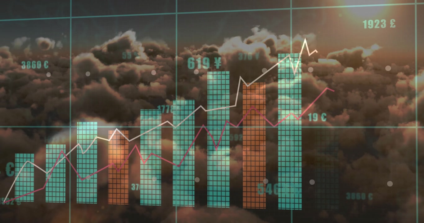 Fading in currency readouts over clouds, bars rising syncing with trend lines showing market growth