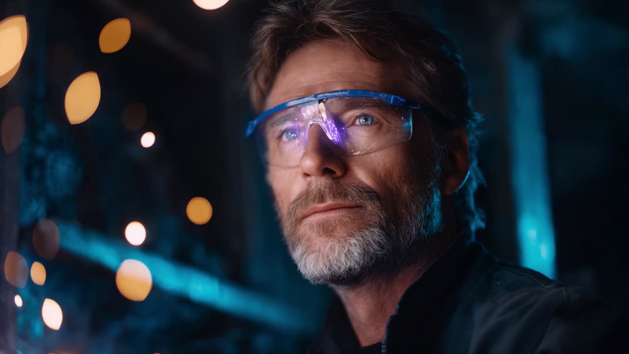 Focused and Determined: A Man with Safety Glasses Reflects on His Work Environment, Surrounded by a Flurry of Bright Sparks and Soft Lights, Emphasizing Safety and Concentration in a Challenging Workspace