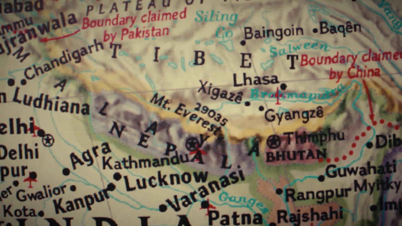 Close-up of a political map showing India, Nepal, Tibet, and Mount Everest