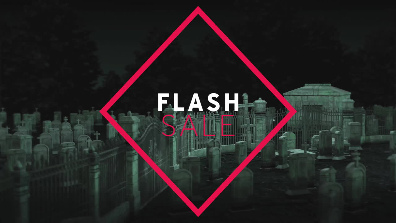 Flash sale animation over eerie cemetery with tombstones and dark trees