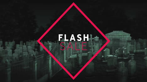 flash sale animation over eerie cemetery with tombstones and dark trees