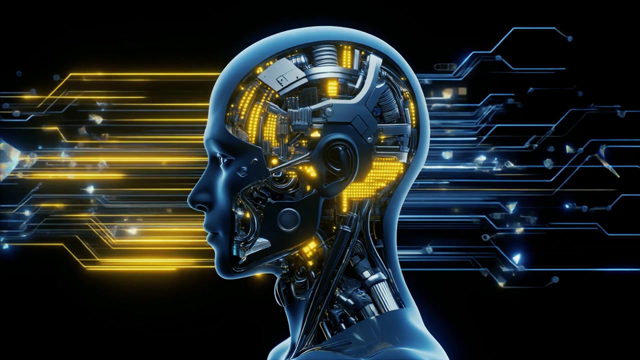 Futuristic Humanoid Robot Head with Glowing Digital Circuitry
