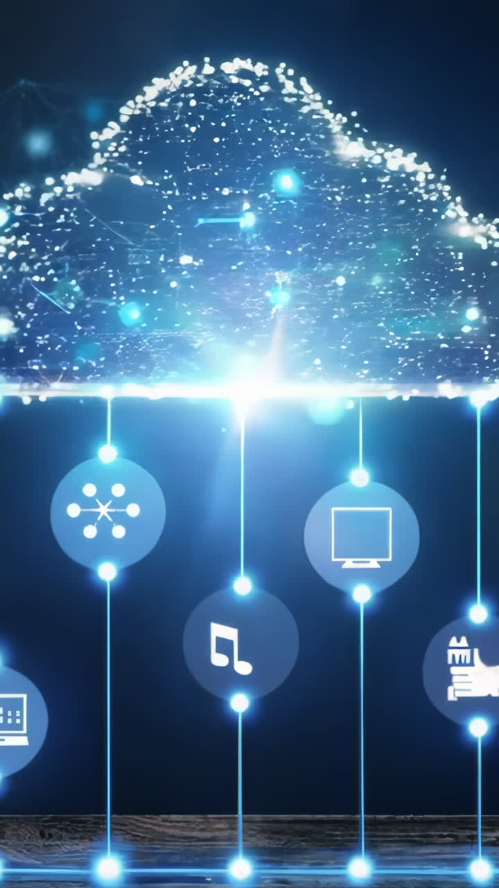 A cloud of technology is displayed with a variety of icons including a shopping cart, a tablet, and a laptop