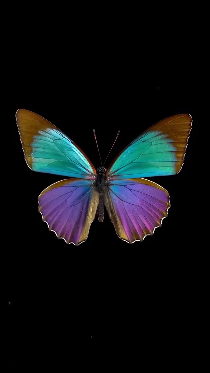 Farfalla iridescente vibrante con colori cangianti su sfondo nero