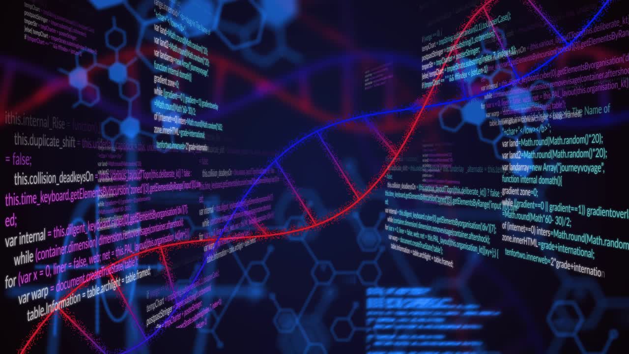Camera entering digital tunnel starting red helix rising, code panels shifting, visualizing data