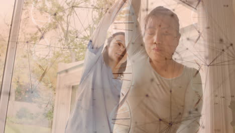 animation of dna strand and medical data processing over diverse female physiotherapist and patient