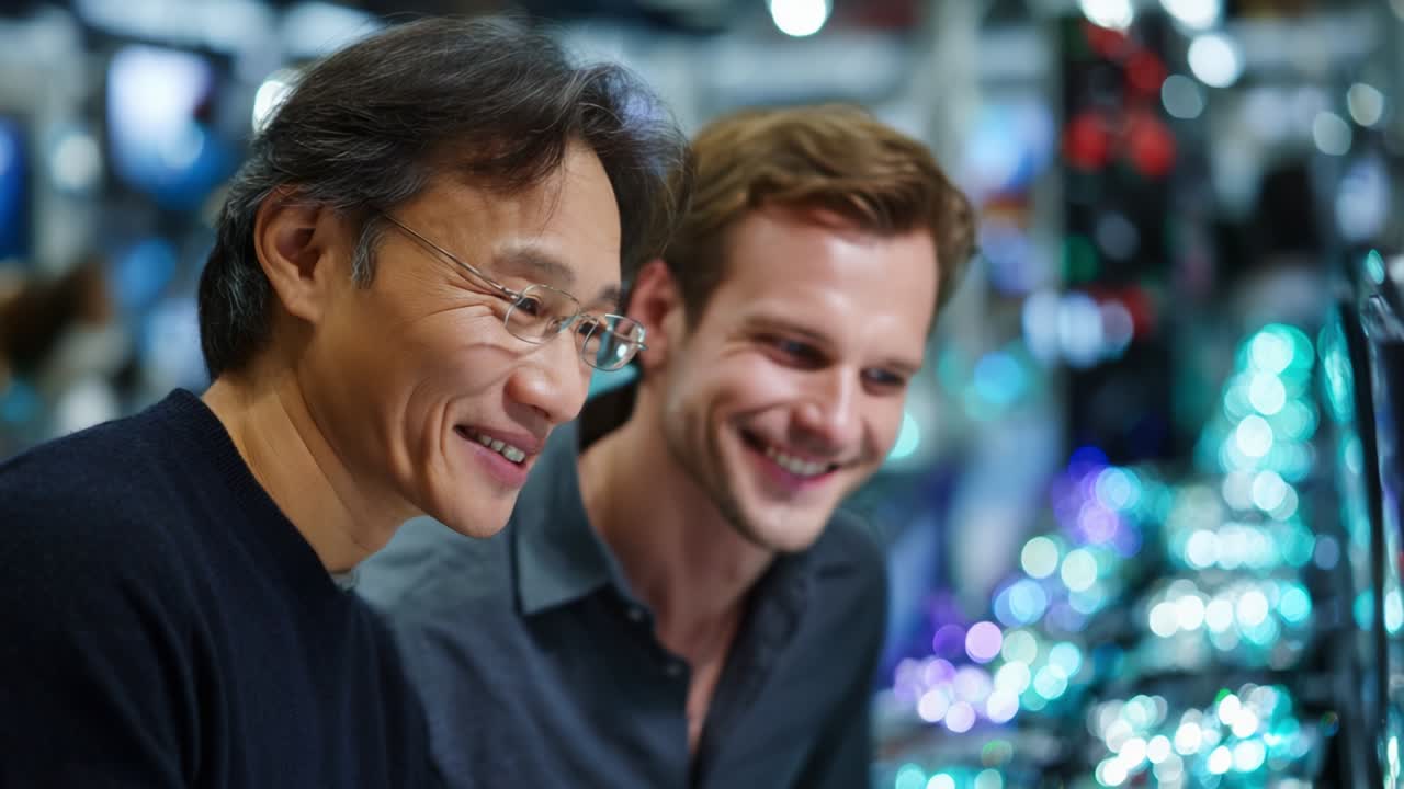 Two individuals share a moment of joy and connection while engaging in a lively conversation, surrounded by a vibrant atmosphere filled with colorful displays and shimmering lights, showcasing their enjoyment and camaraderie
