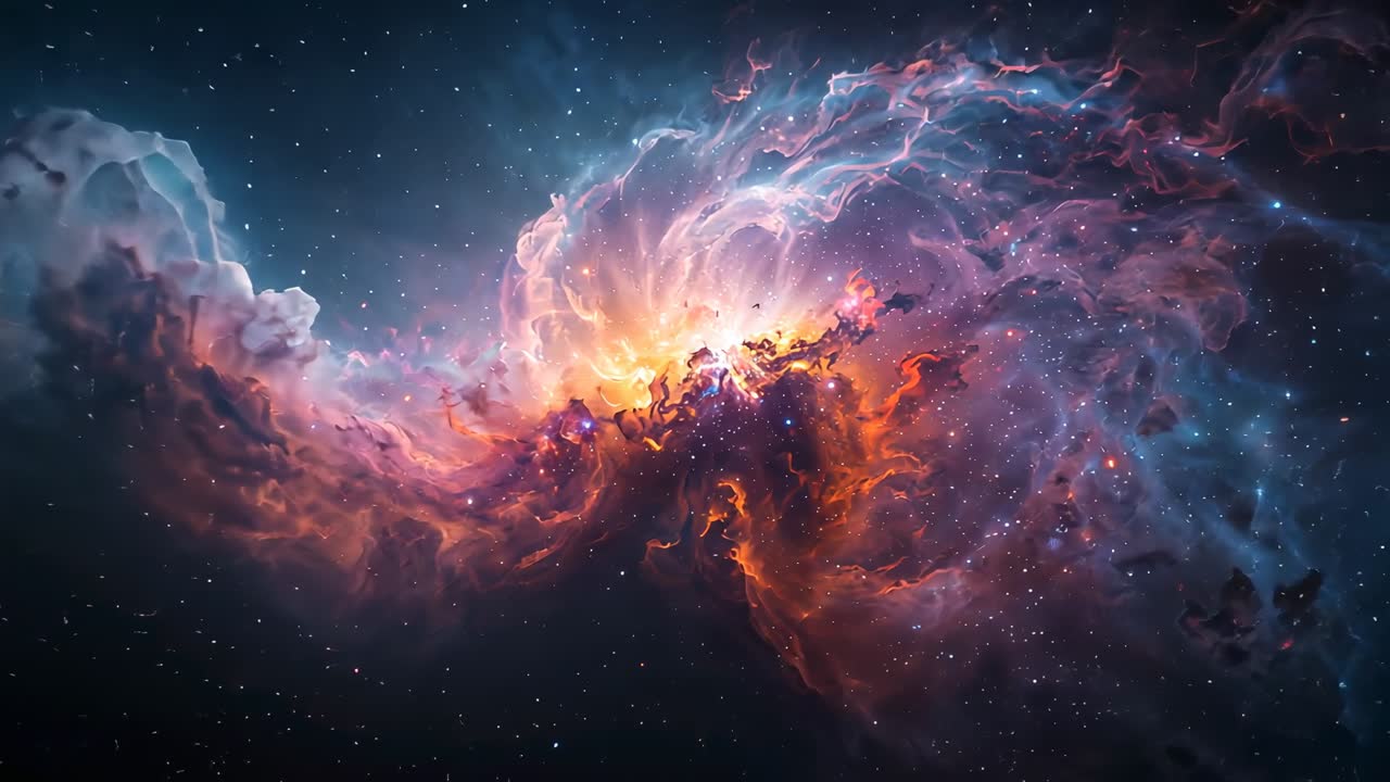 Swirling nebula emitting plasma threads around core in space, twinkling stars and dust lanes