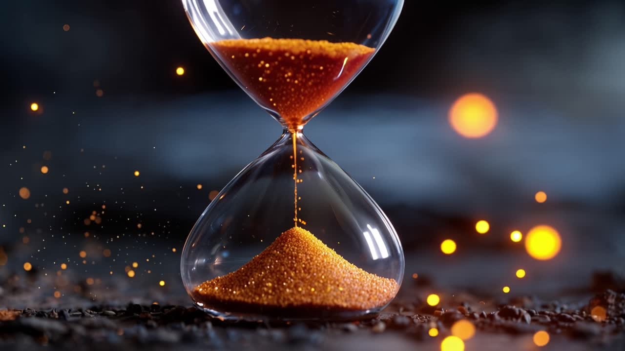 Golden sand flows through a glass hourglass. Bright particles glow around the base. Dark background emphasizes time's passing. Emotionless, the hourglass symbolizes urgency. Perfect for business