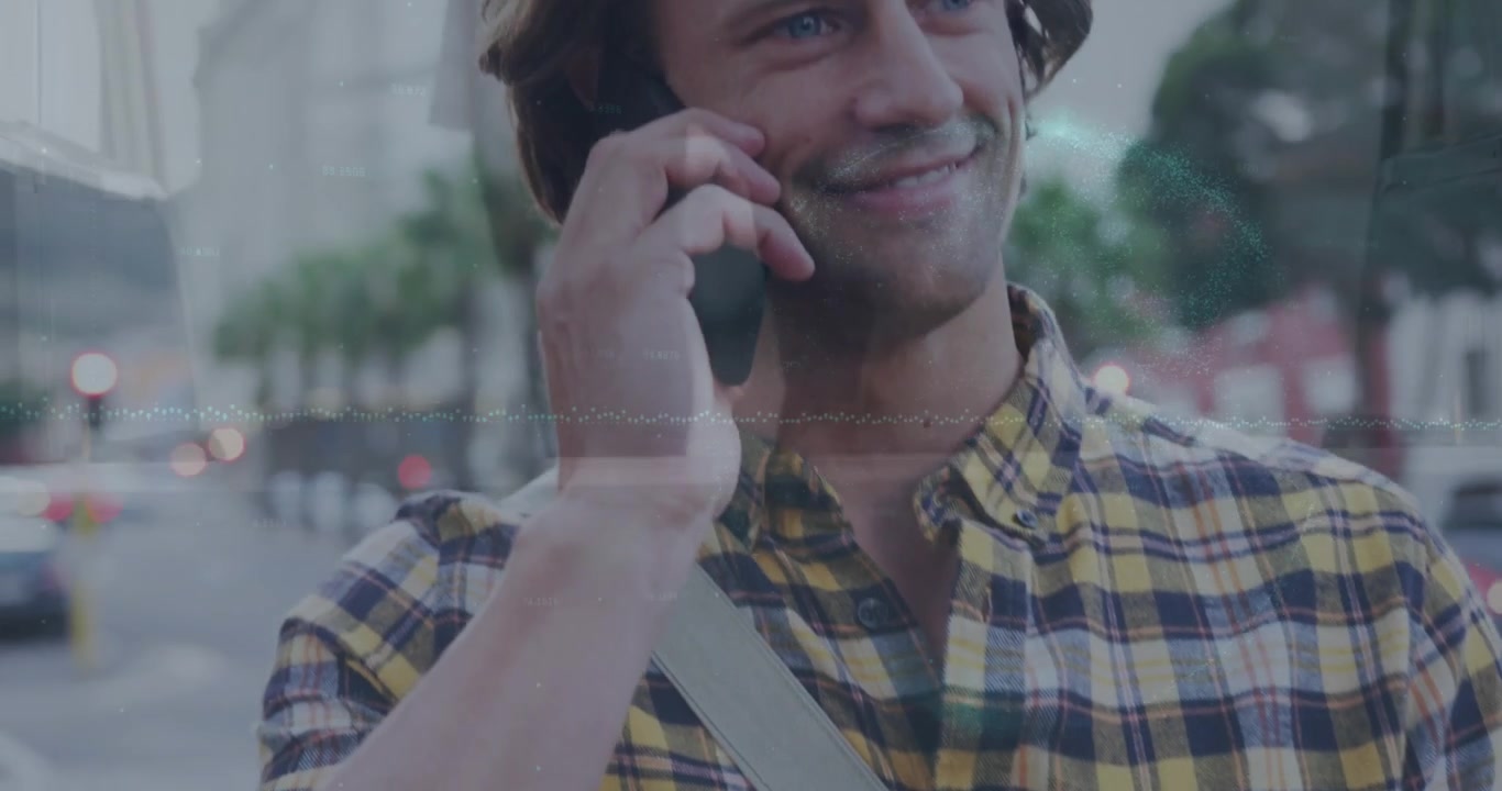 Animação de gráfico, globo, parte inferior de um empresário, e um homem caucasiano sorridente falando ao celular.