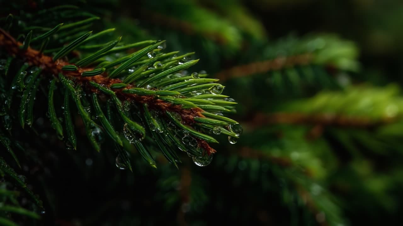 Captivating Macro Imagery of Glistening Evergreen Pine Needles Adorned with Fresh Raindrops, Showcasing Nature’s Beauty in Vivid Detail