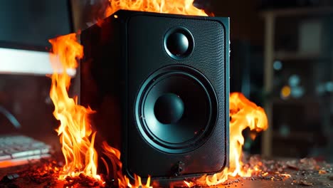 a computer monitor sitting on top of a desk next to a speaker on fire