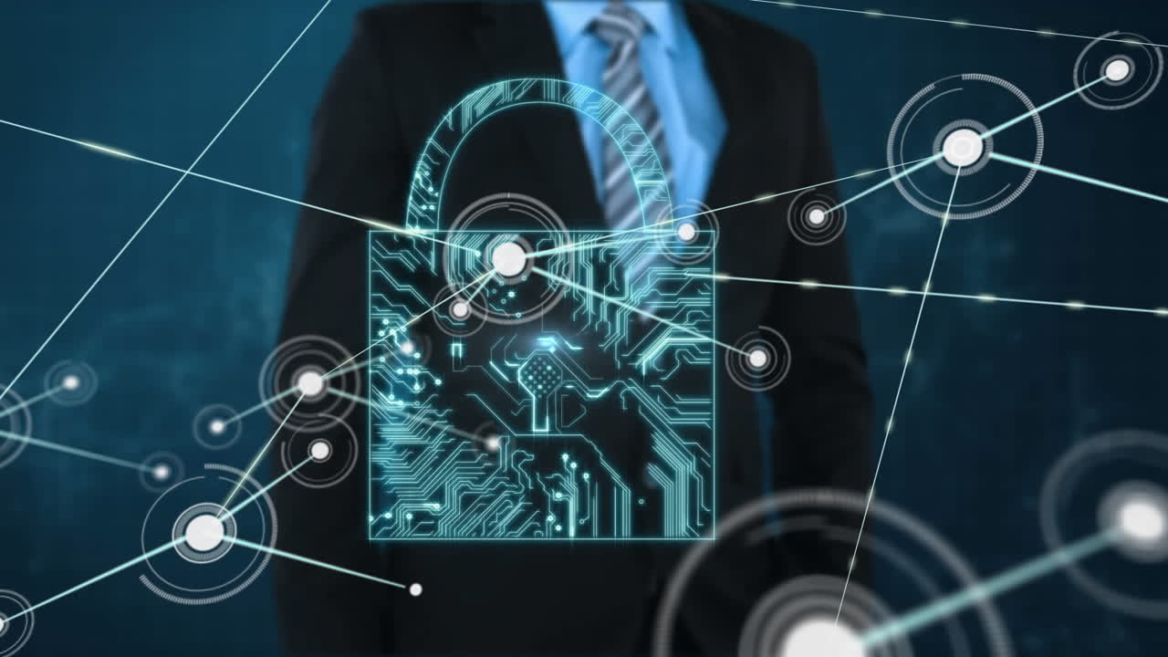 animación de la red de conexiones con iconos, candado digital y hombre de negocios
