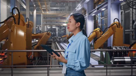 side view of asian female professional worker with industrial robotic arms working, observes by looking up before she come to concentrating on the tablet and keep on checking
