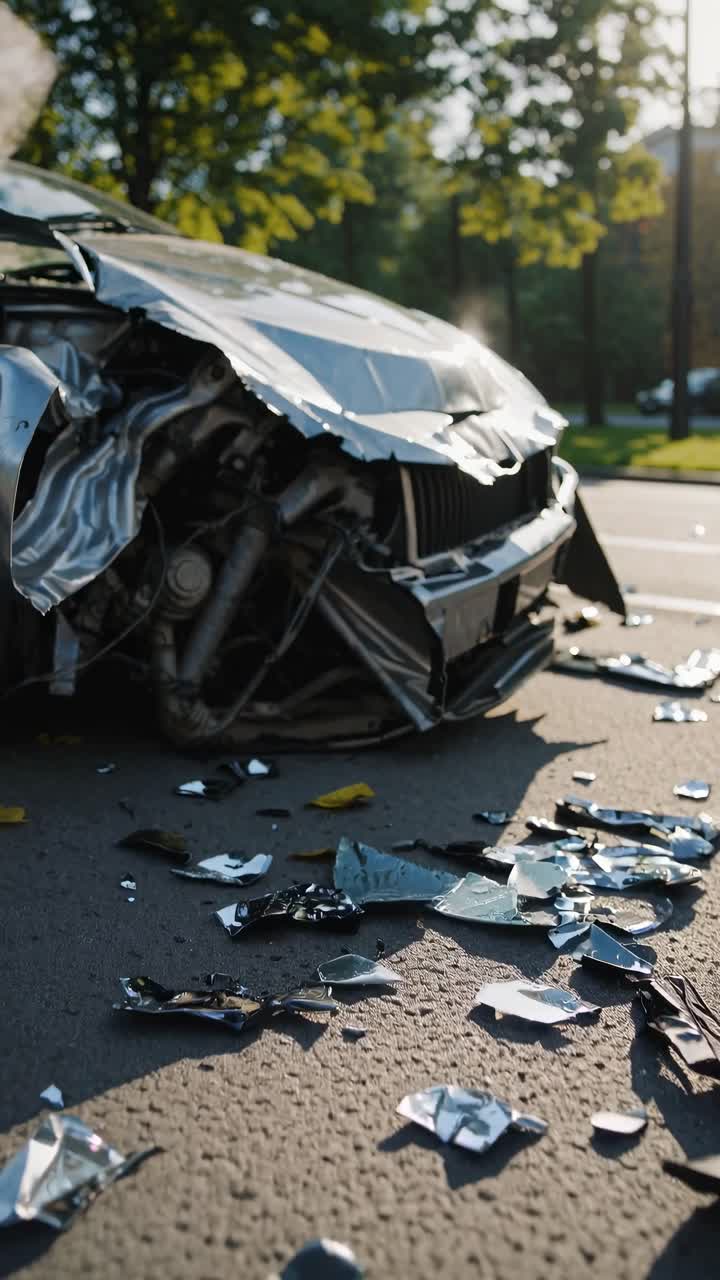 Inquadratura dal basso di un incidente automobilistico con detriti sparsi sulla strada, che cattura le conseguenze