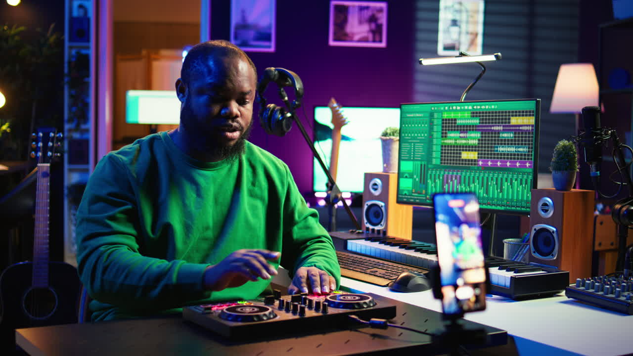 ingeniero de audio hábil que enseña lecciones en línea de mezcla de melodías utilizando el teléfono inteligente