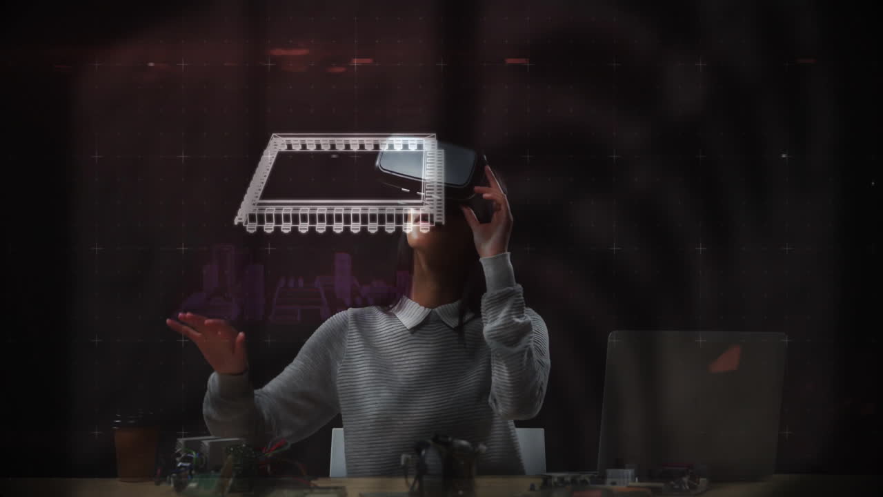 Interacting with futuristic architectural design, virtual reality user exploring animation