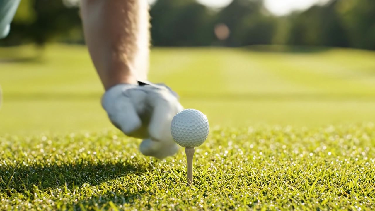 La concentrazione di un golfista: che si prepara a fare il primo colpo su un campo da golf immacolato, catturando l'attesa del primo swing del gioco sotto un sole splendente.