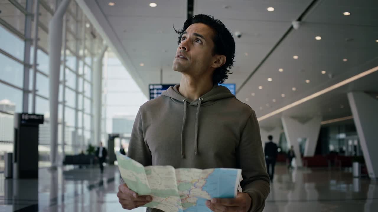 Uomo con felpa con cappuccio che studia una mappa di carta in aeroporto, cercando indicazioni dai cartelli sospesi.