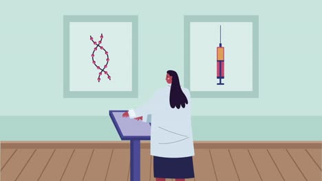 científica femenina en el podio con vacuna y adn
