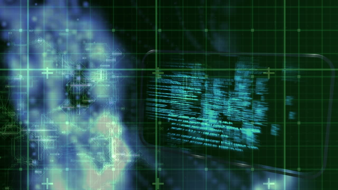 Animation of data processing over dark background