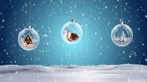 Animation-of-snow-falling-over-christmas-baubles-in-winter-landscape