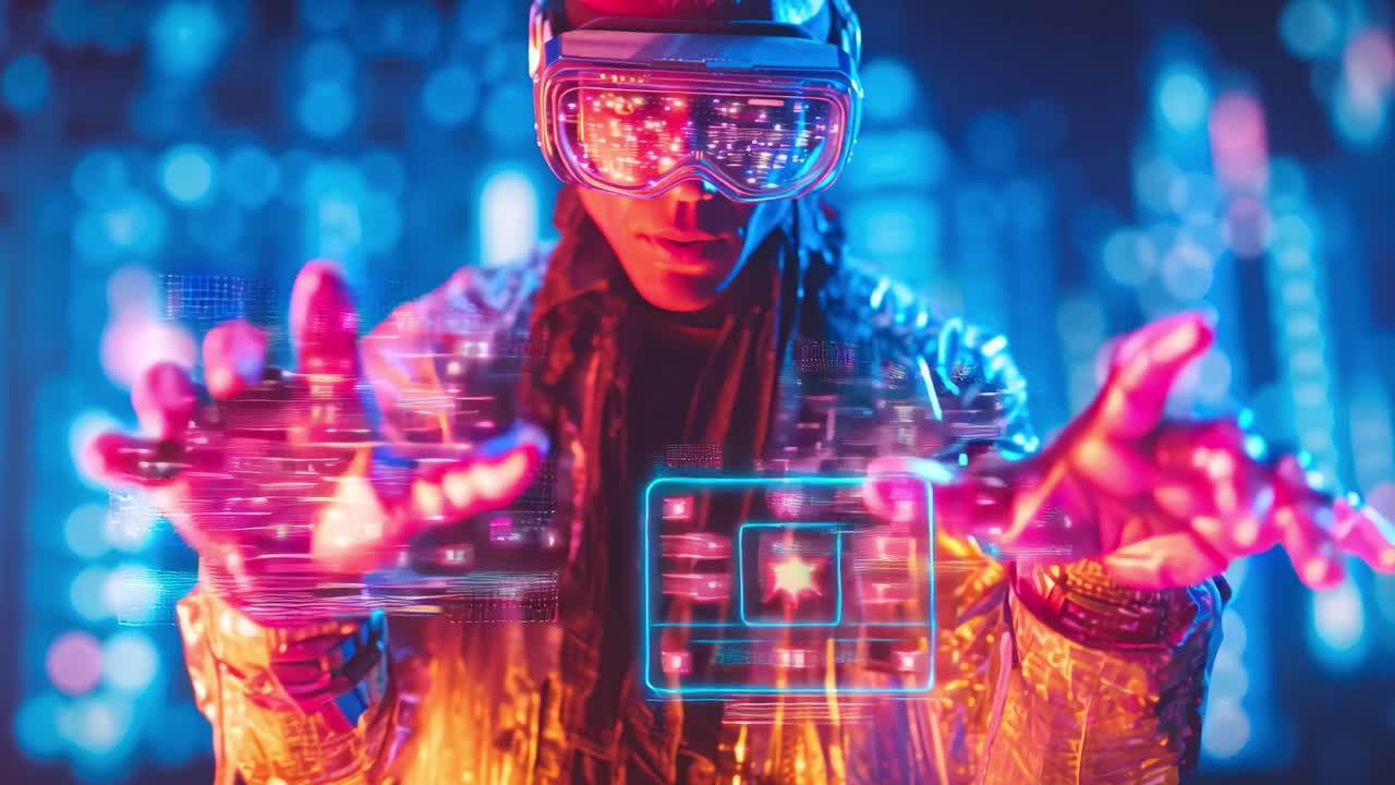 An immersive digital experience unfolds as a futuristic individual in a holographic costume interacts with vibrant augmented reality interfaces, showcasing the synergy between technology and creativity