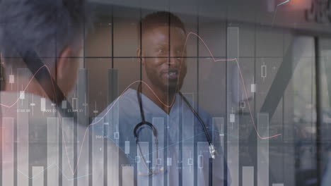 male doctor and female doctor discussing data in hospital, with animated candlestick chart overlays