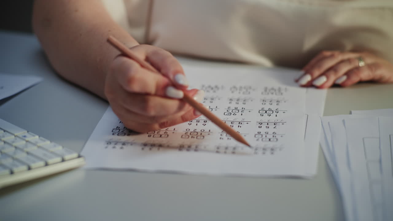 Close Up of Female Teacher Checking Math Homework of Students Grading Mathematical Tests