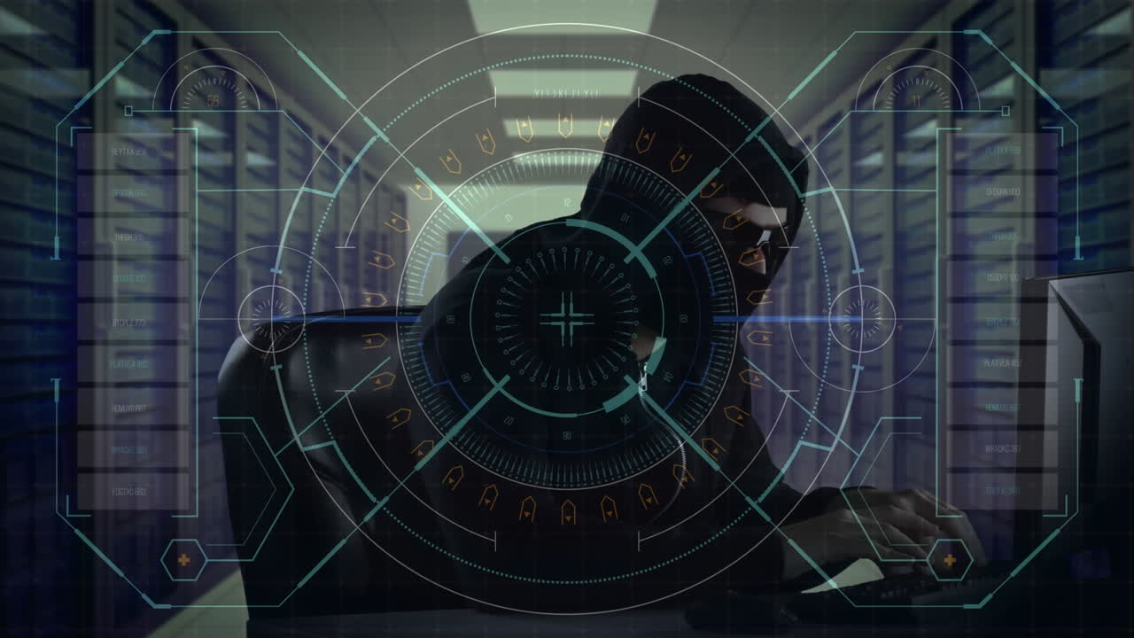 animación de la interfaz digital sobre el hacker con el portátil