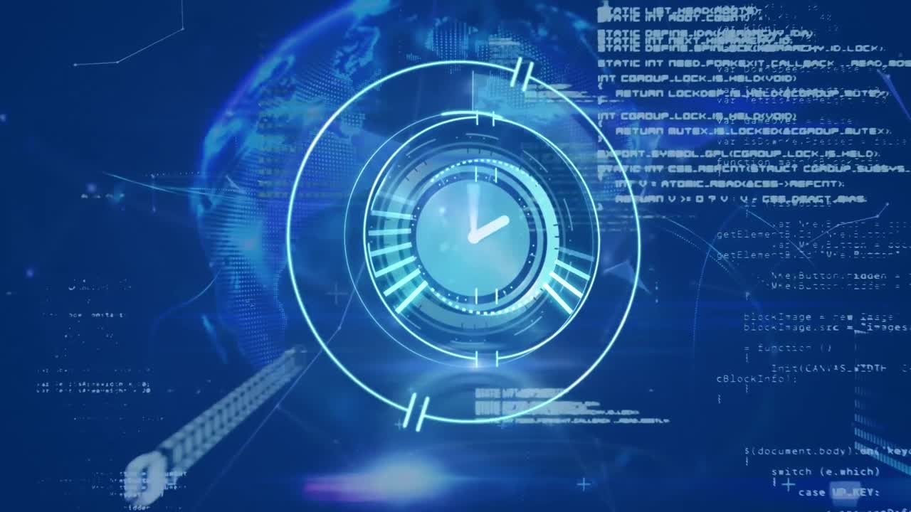 Animation of processing circle over data, connections and globe on navy background
