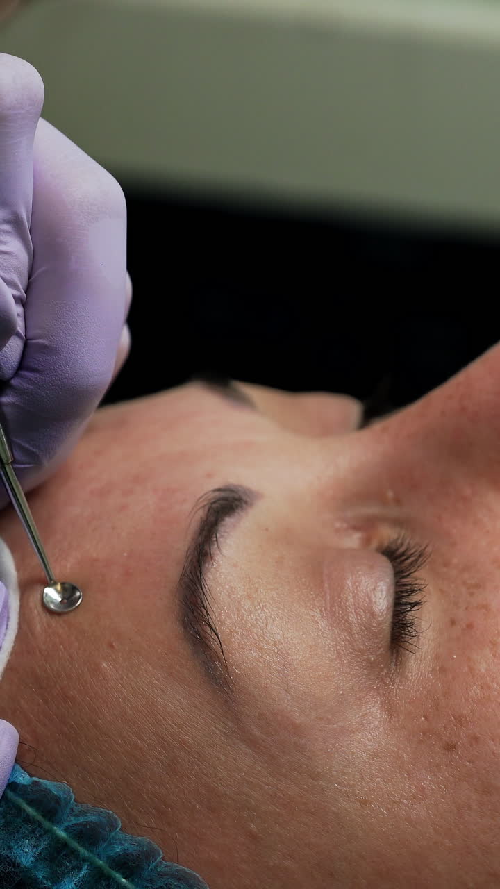 Careful cosmetologist uses the tool to remove blackheads from the female client's skin. Face care and beauty concept. Close up. Vertical video