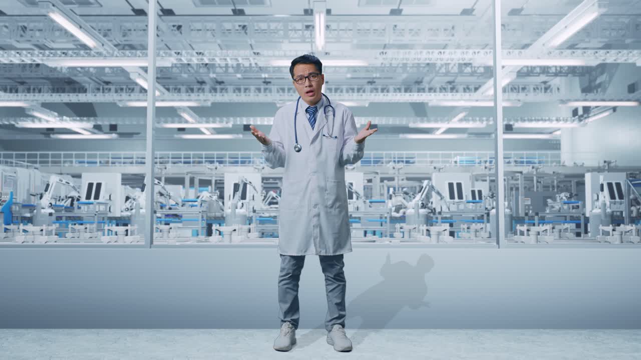 Full Body Of Asian Male Doctor With Stethoscope Showing Puzzled Gesture And Saying What In Laboratory