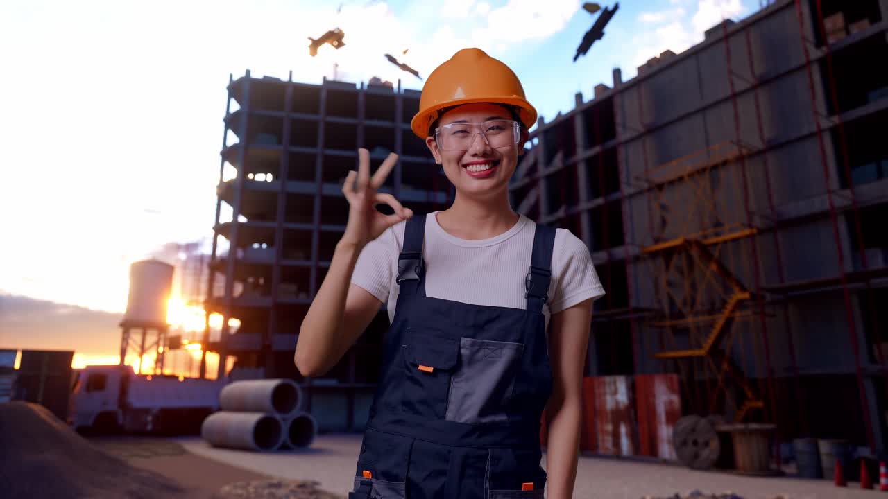 Asian Woman Worker Wearing Goggles And Safety Helmet Smiling And Showing Okay Gesture To Camera While Standing At Construction Site