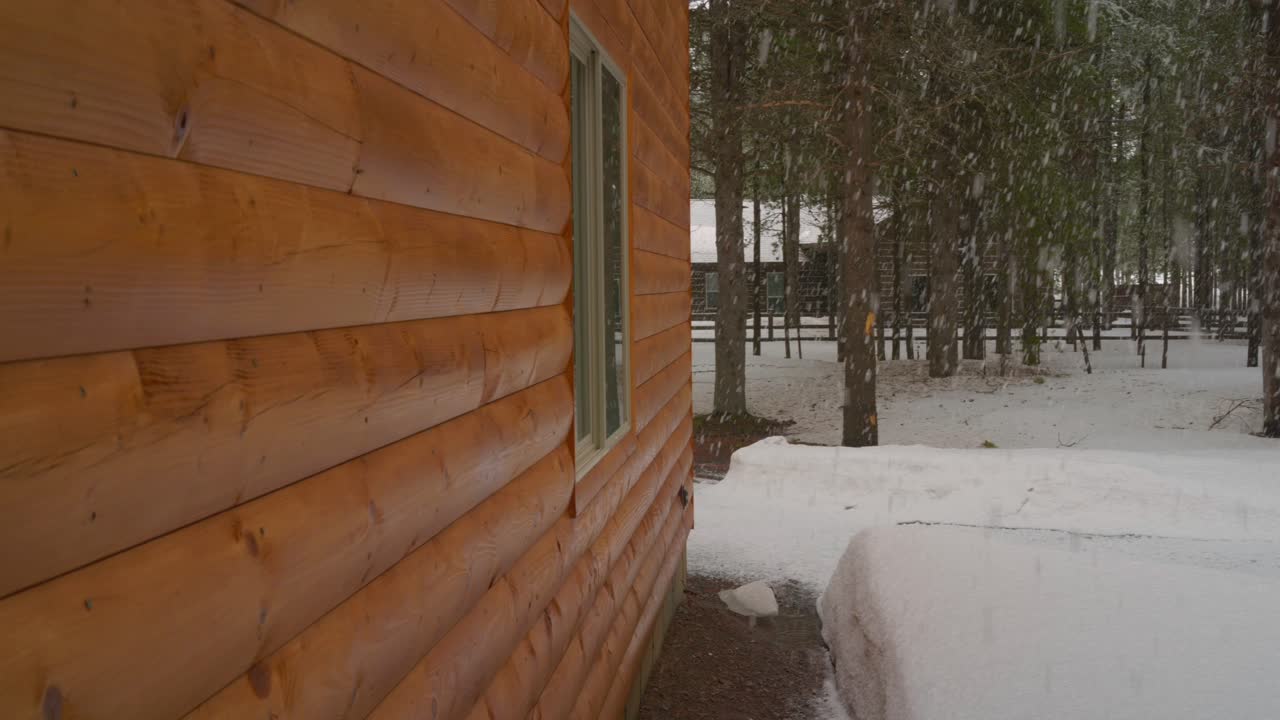 lado de una cabaña durante una tormenta de nieve