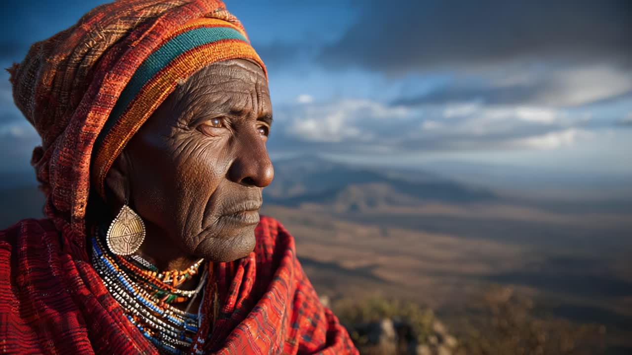 Un'Anziana Donna Resiliente Che Guarda Verso l'Orizzonte, Incarnando Saggezza e Forza in un Maestoso Paesaggio Montano all'Alba con un'Illuminazione Calda.