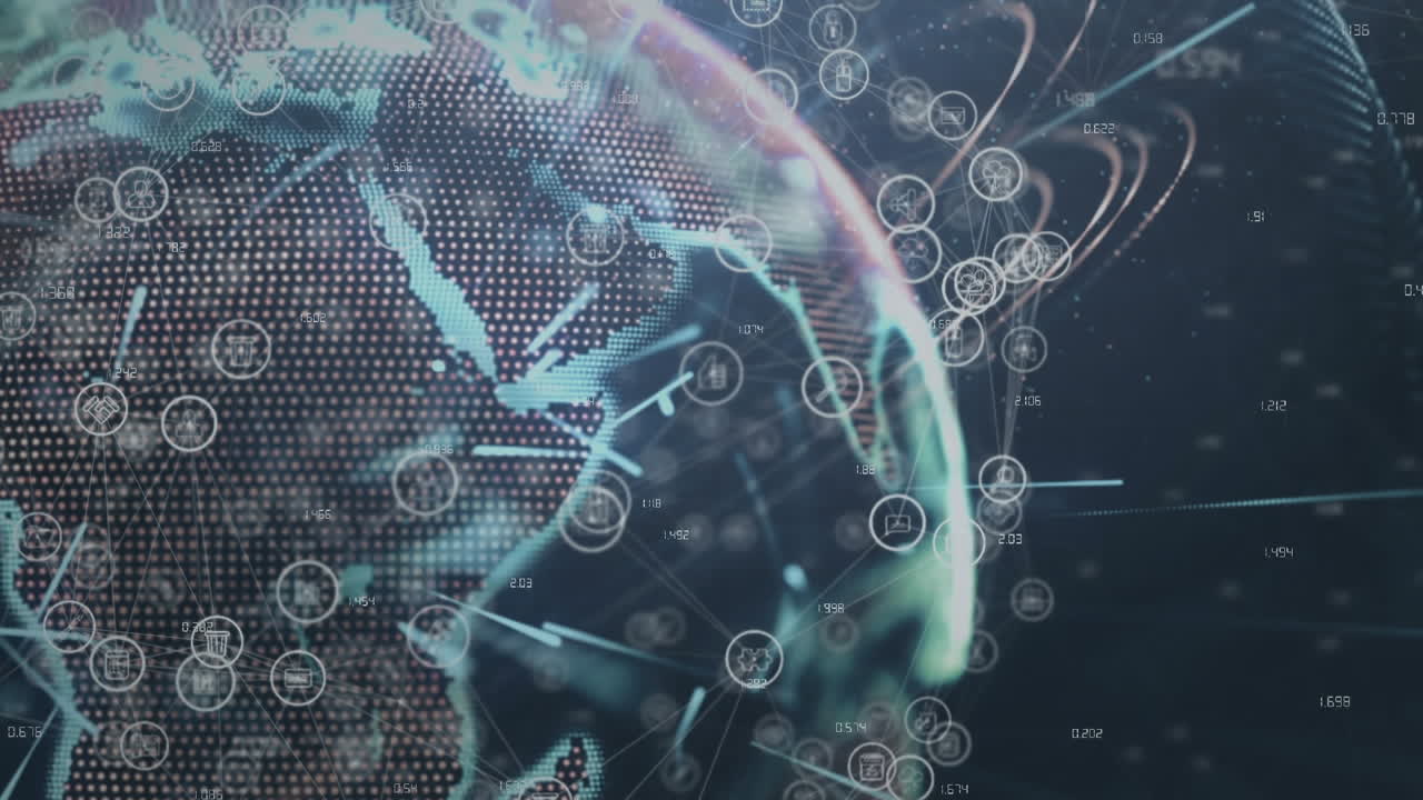 Animation of network of connections and financial statistics over globe on black background