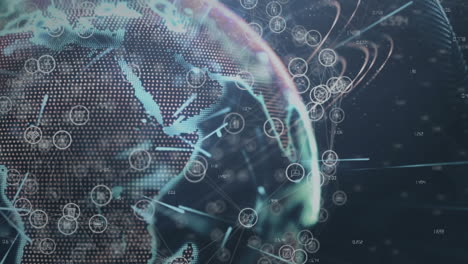 animation of network of connections and financial statistics over globe on black background