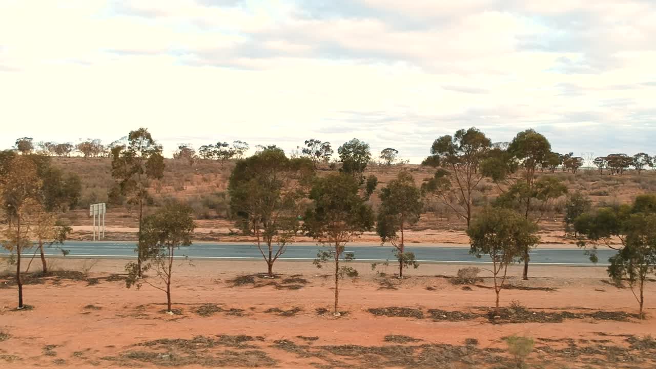 Flying past trees as a car passes in the background