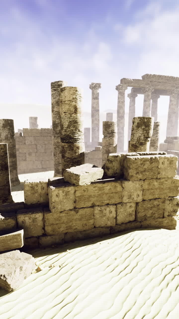 Ancient ruins amidst sandy desert landscape under blue sky