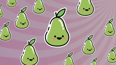 animation of green pear repeated over purple striped background