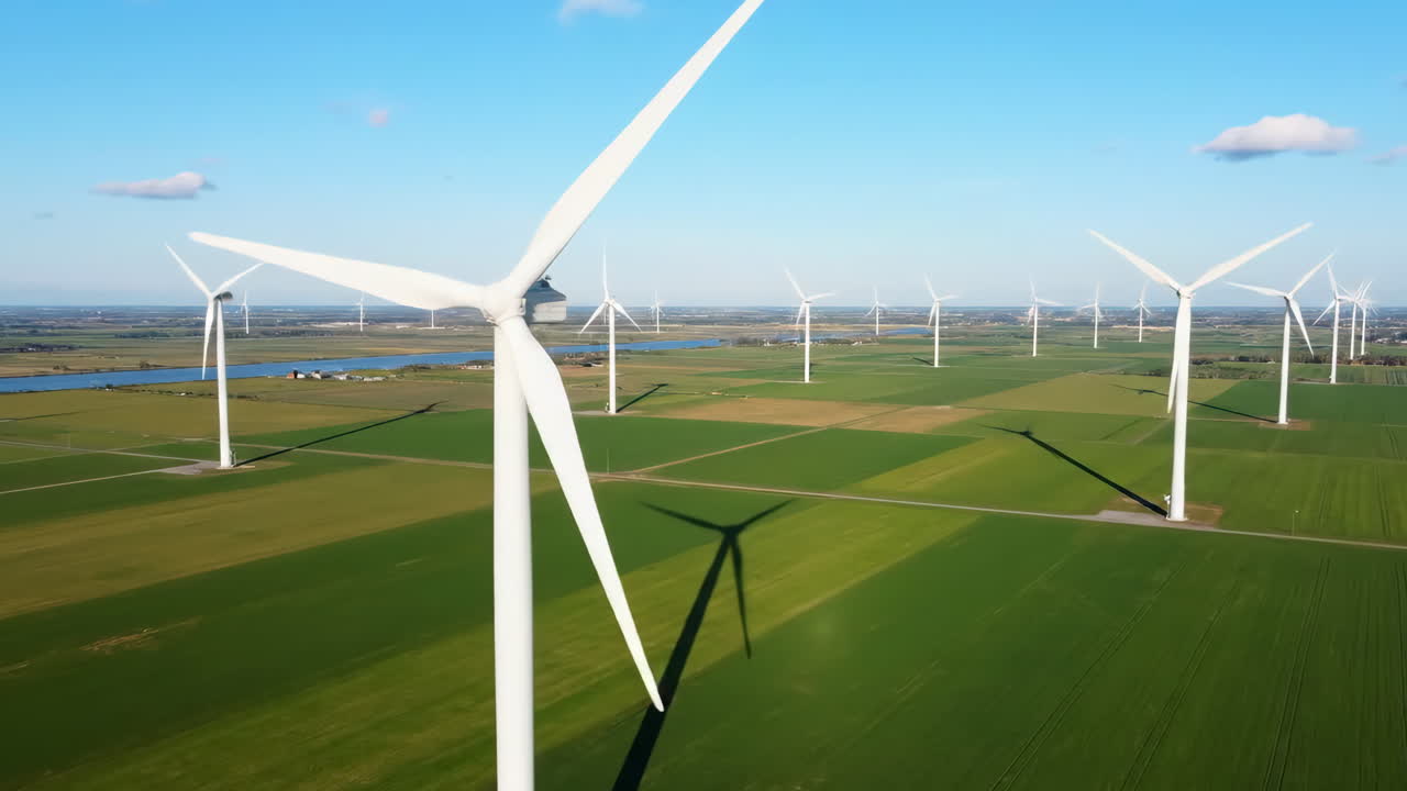 Wind Turbines in Green Fields Under a Blue Sky