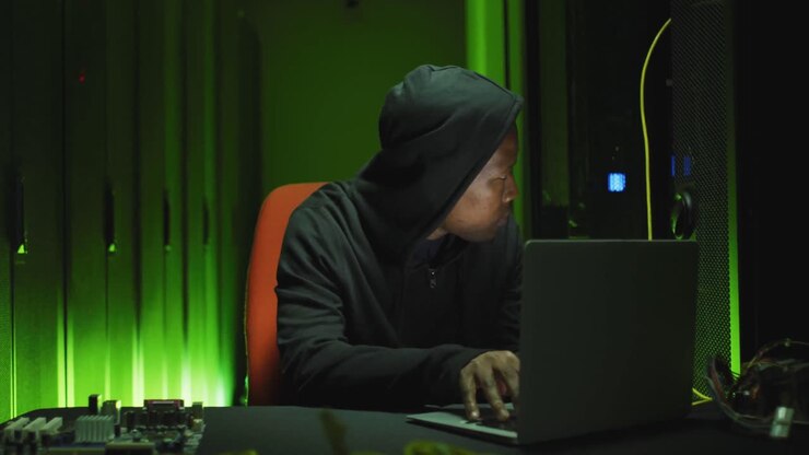Hacker informatico uomo afroamericano che usa un laptop in una sala server aziendale