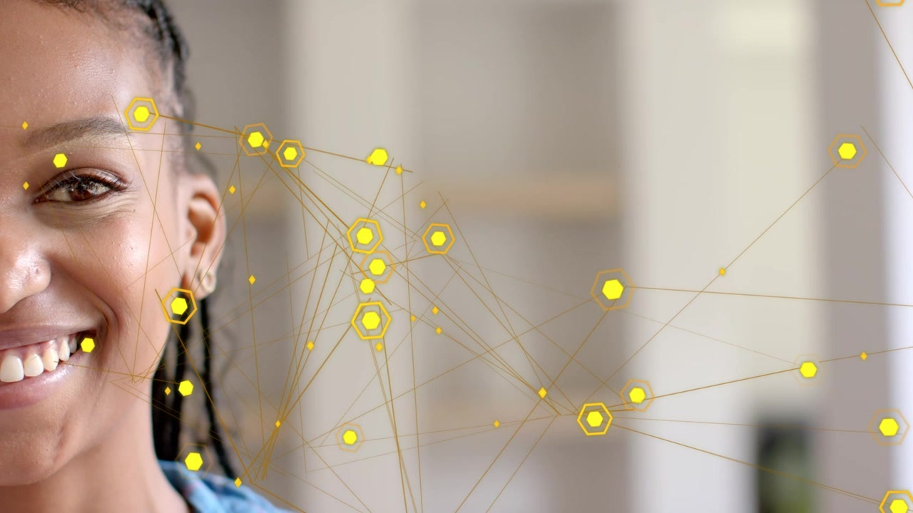 Woman closeup reacting as tech overlay drifting, gathering by face, causing smiling then relaxing