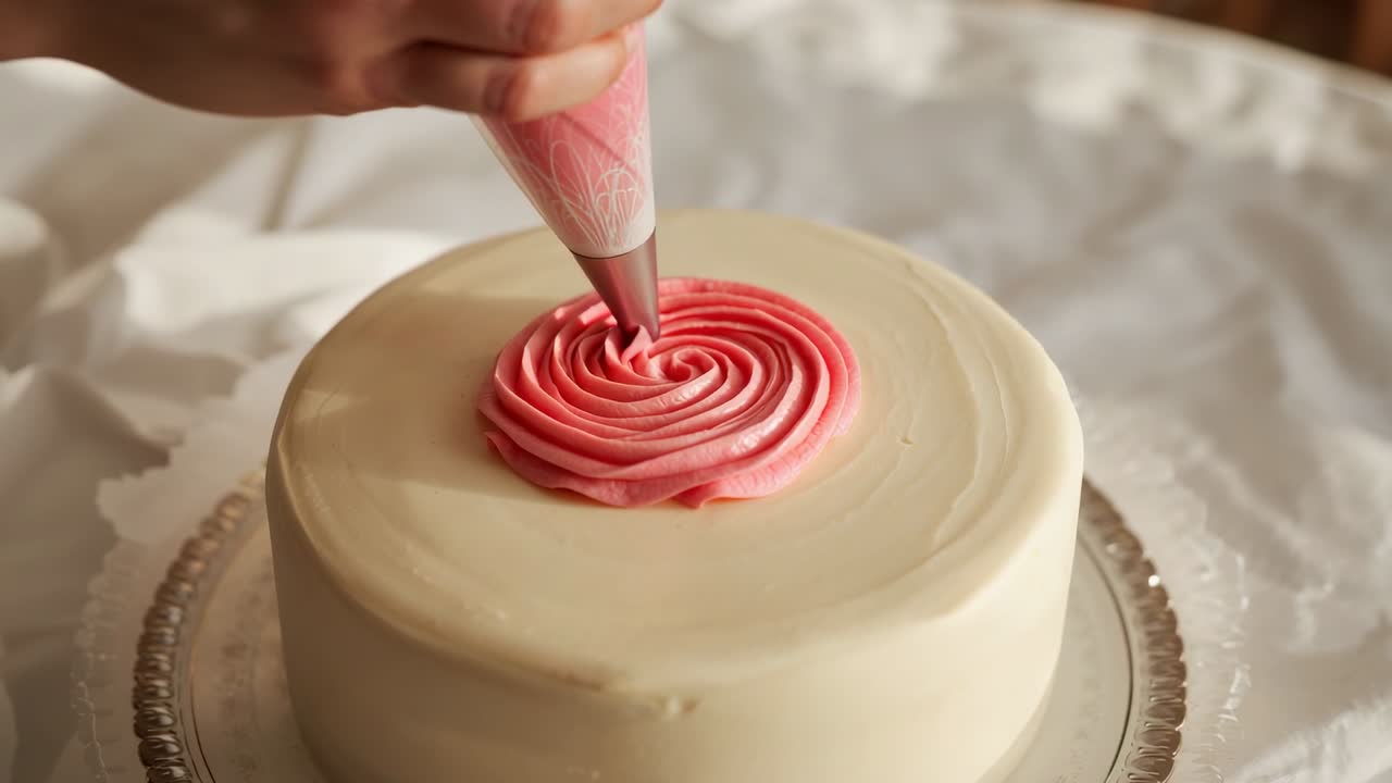 Squeezing piping bag, baker's hands decorating layered pink rosette on cake at table with metal tip